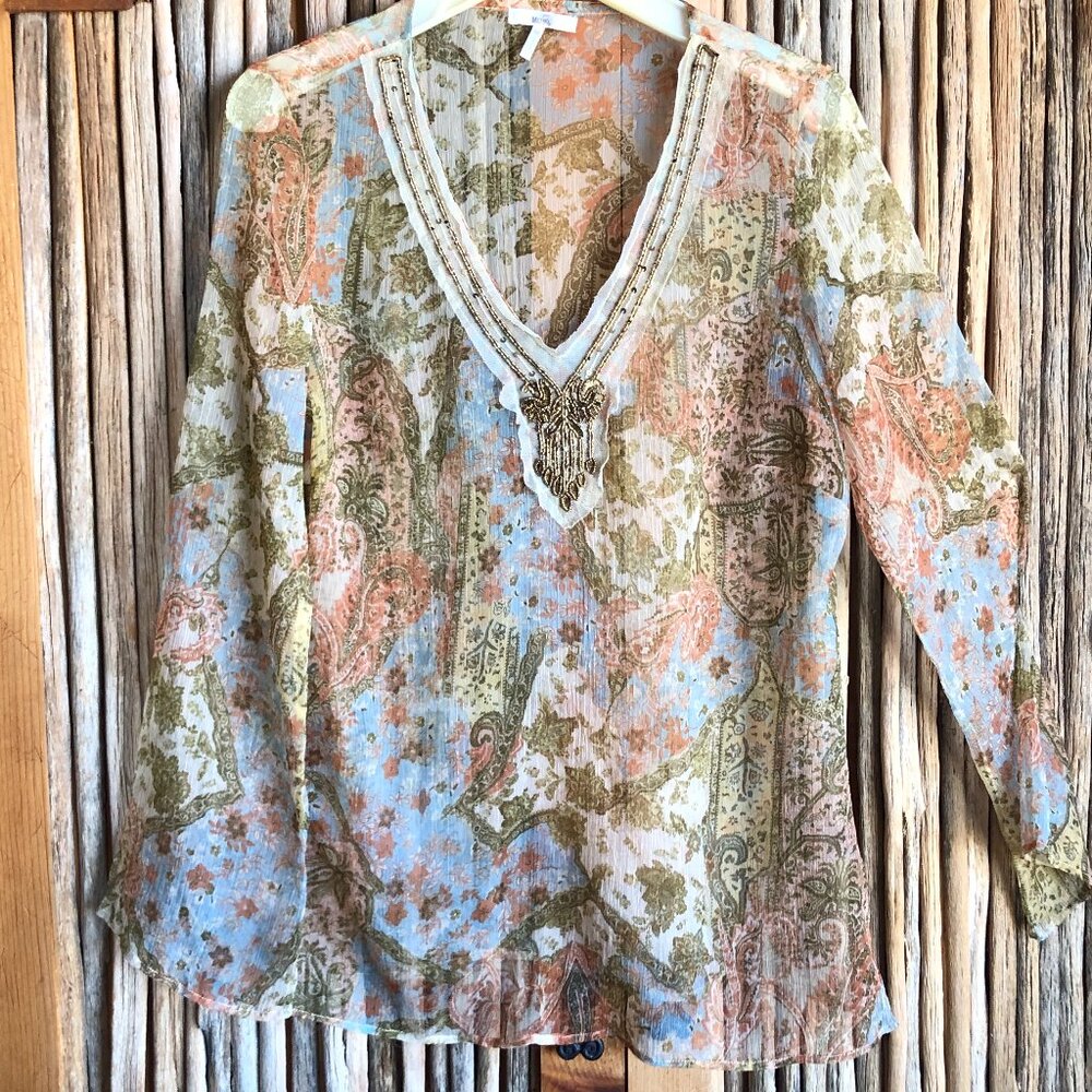 Metro 7 Sheer Paisley V-Neck Blouse in Pastel Blue, Peach & Olive